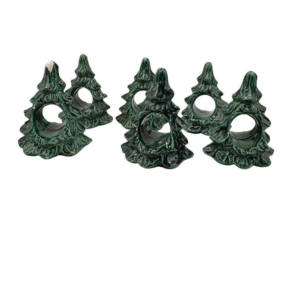 Vintage Green Glazed Ceramic Christmas Tree Napkin Rings Set of 6 Holiday Decor